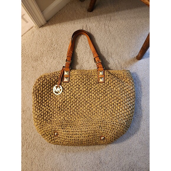 Michael Kors Brown Rattan Woven Tote Bag w/ Orange Straps - Picture 1 of 12